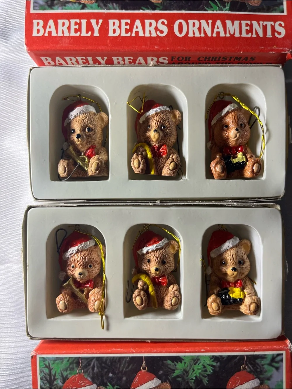 Vintage Barely Bears Santa Bear Christmas Ornaments Set of 6 Mini Hand Painted